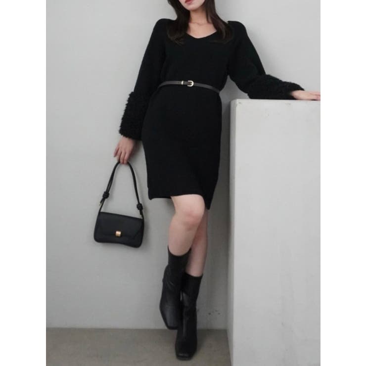 ブラック | ボリュームファースリーブビットミニワンピース | dazzlin