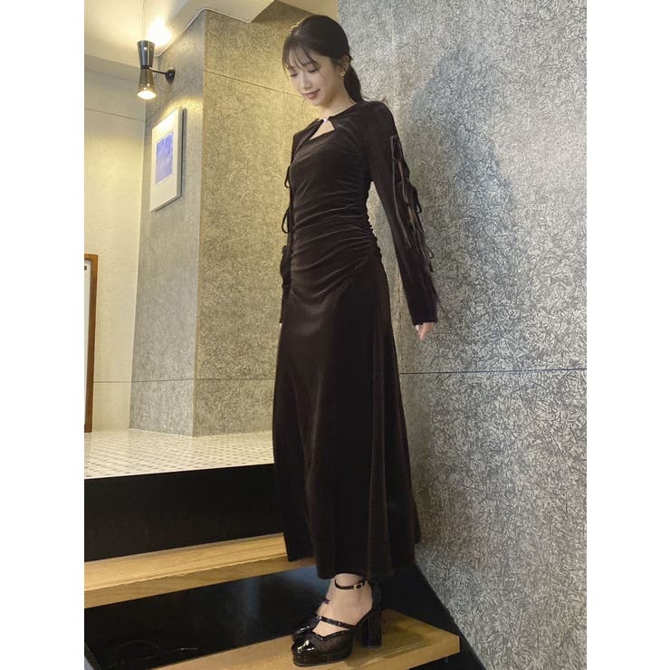 2ピースリボンギャザーベロアワンピース[品番：MKSW0061241]｜dazzlin