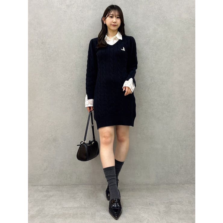 ★新品★FENNEL★ワンピース★ニット★シャツ★黒★ シャツレイヤードケーブルニットワンピース[品番：MKSW0061928