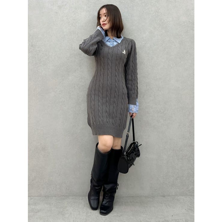 シャツレイヤードケーブルニットワンピース | dazzlin | 詳細画像6 