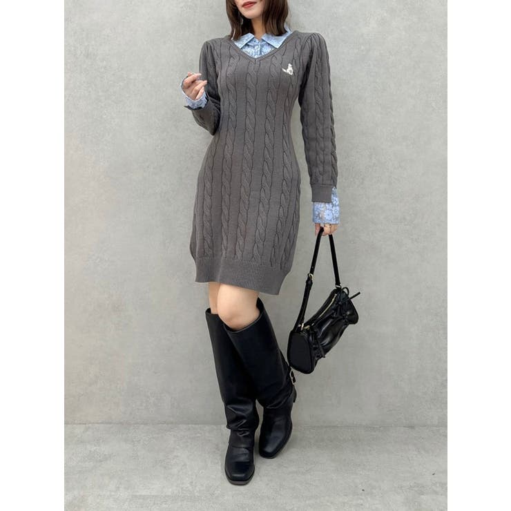 シャツレイヤードケーブルニットワンピース | dazzlin | 詳細画像7 