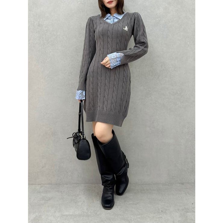 シャツレイヤードケーブルニットワンピース | dazzlin | 詳細画像8 