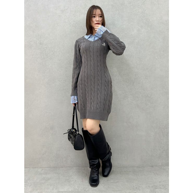 シャツレイヤードケーブルニットワンピース | dazzlin | 詳細画像9 
