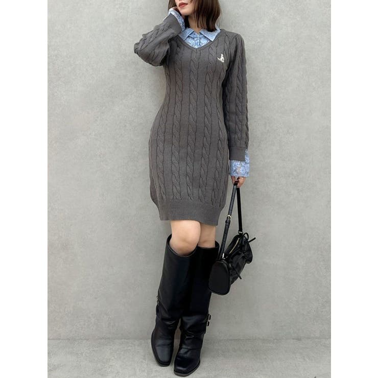 チャコールグレー | シャツレイヤードケーブルニットワンピース | dazzlin