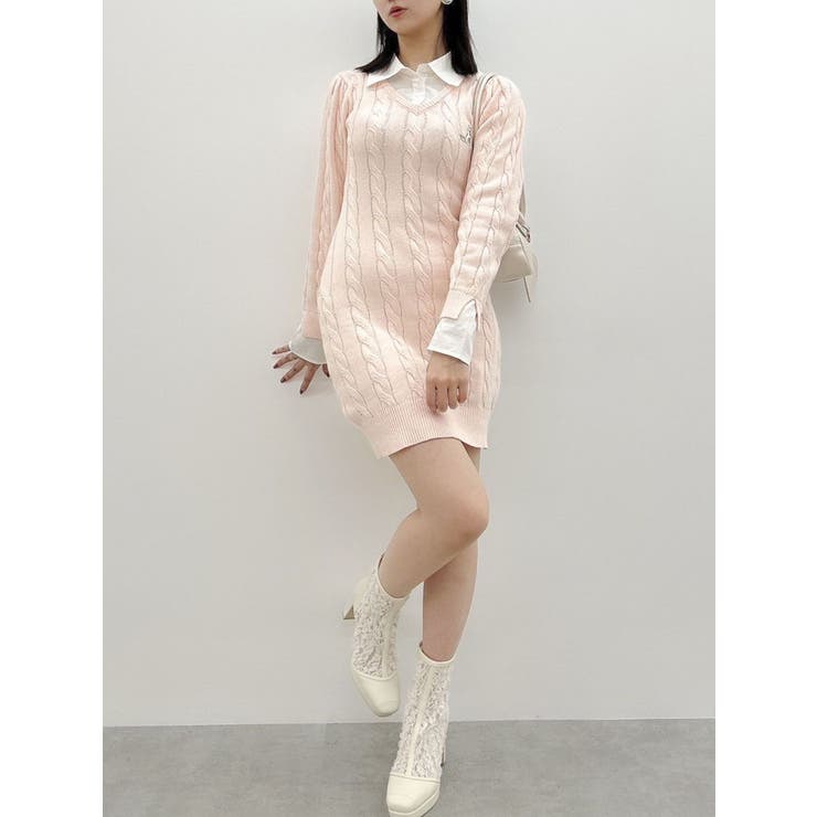 シャツレイヤードケーブルニットワンピース[品番：MKSW0061928
