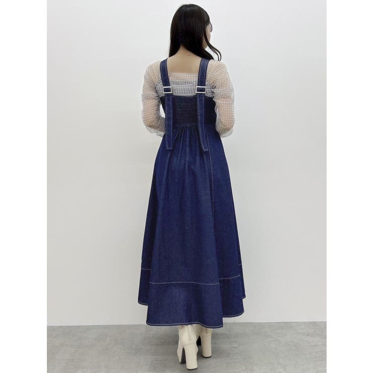 US6【SALE】フローラル刺繍 ワンショルダーロングドレス 青