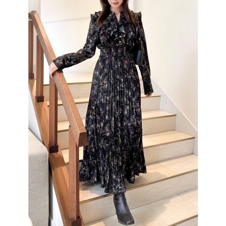 ブラック | フラワープリーツワンピース | dazzlin