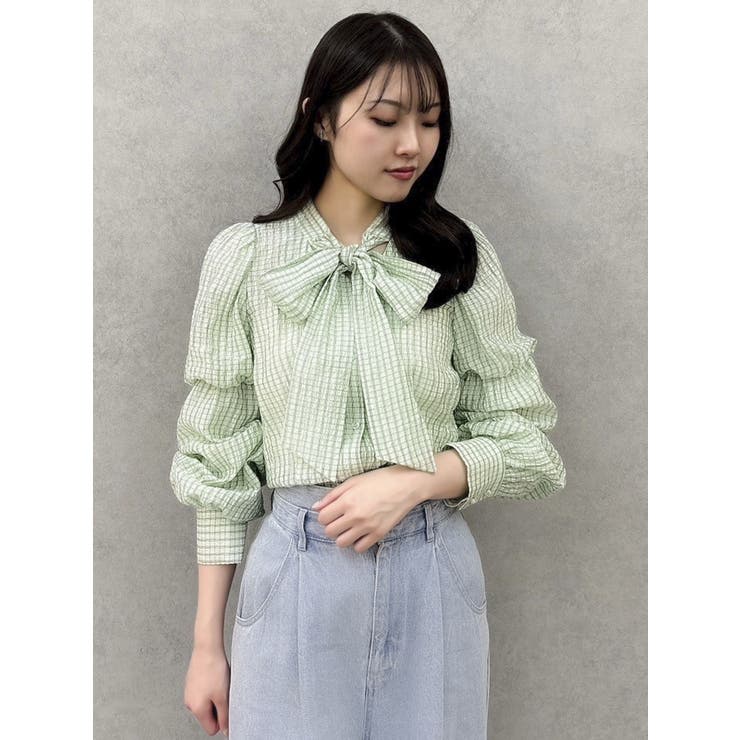ペプラムボリュームスリーブボウタイブラウス[品番：MKSW0061934