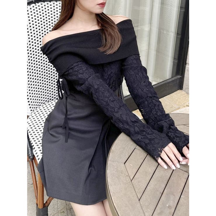 ブラック | レースレイヤードリブニットトップス | dazzlin