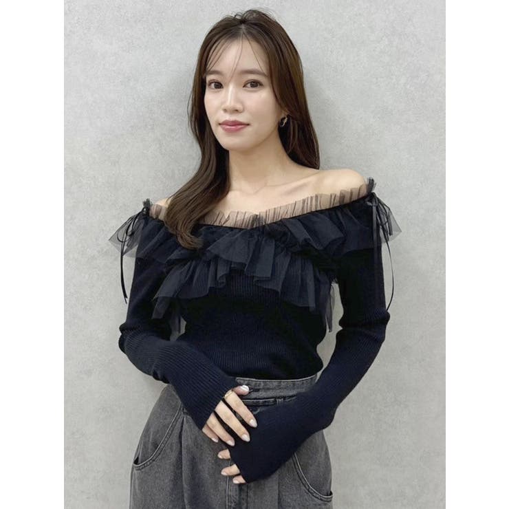 リボンチュールオフショルニットトップス[品番：MKSW0062273]｜dazzlin