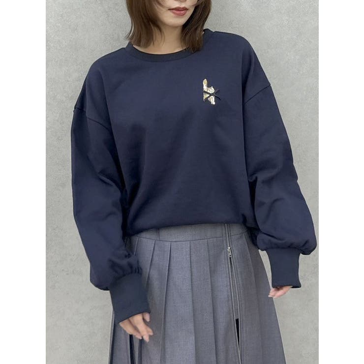 ネイビー | CAT刺繍リボンカットプルオーバー | dazzlin
