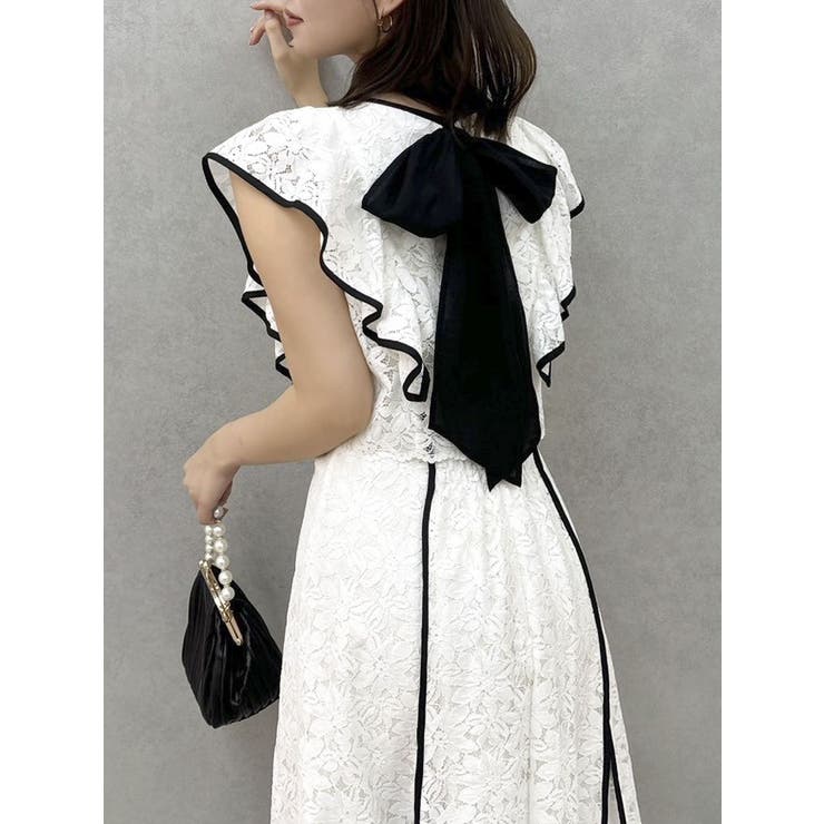 オフホワイト | バックリボンパイピングレースドレス | dazzlin