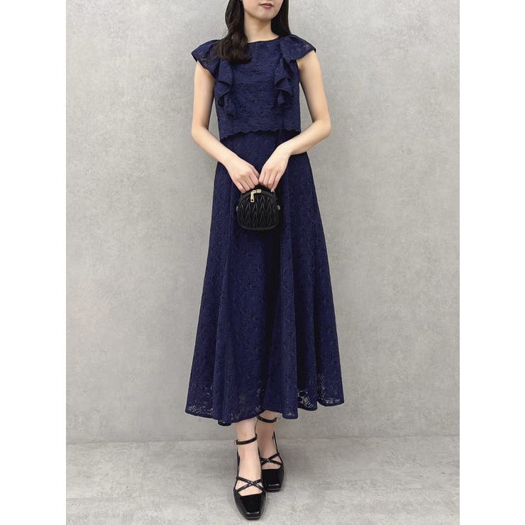 ネイビー | バックリボンパイピングレースドレス | dazzlin