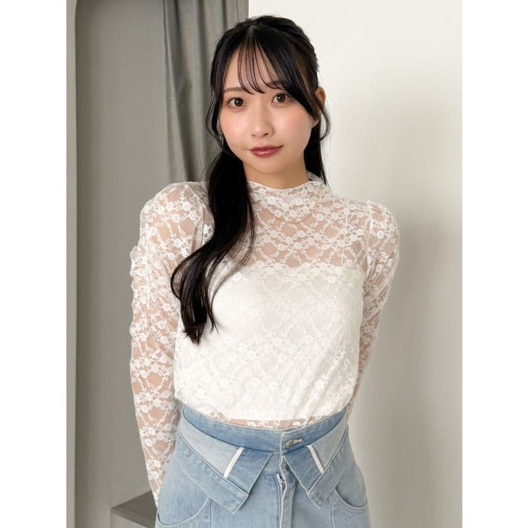 dolce. 新品未使用 リリートップス（白） ハイネック ドロップ ビジュー ホール レース長袖 タイト ミニ