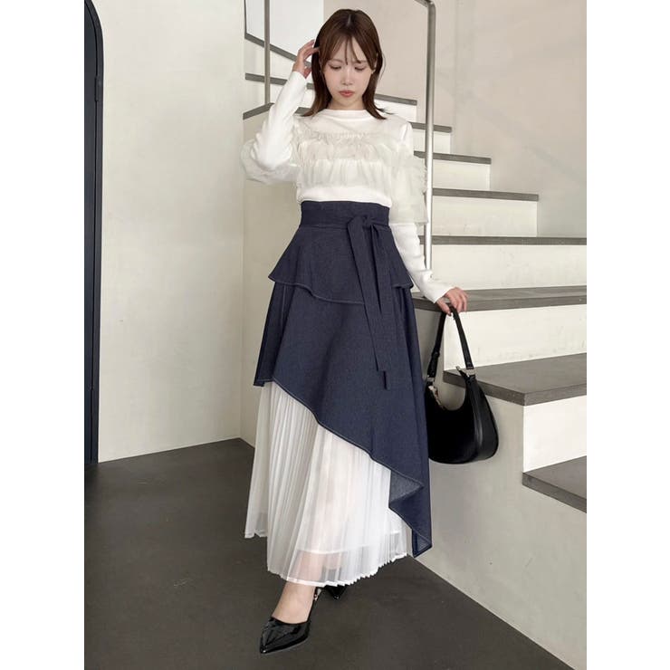 再生産】アシメティアードプリーツスカート[品番：MKSW0062190