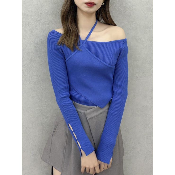 ブルー | レイヤードオフショルバックリボンニット | dazzlin