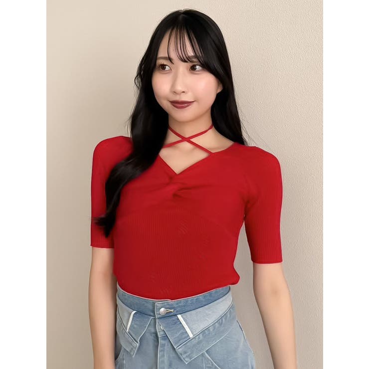 フロントツイストリボン5分袖ニットトップス | dazzlin | 詳細画像2 