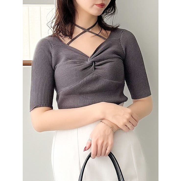 チャコールグレー | フロントツイストリボン5分袖ニットトップス | dazzlin