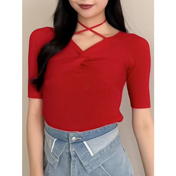 レッド | フロントツイストリボン5分袖ニットトップス | dazzlin