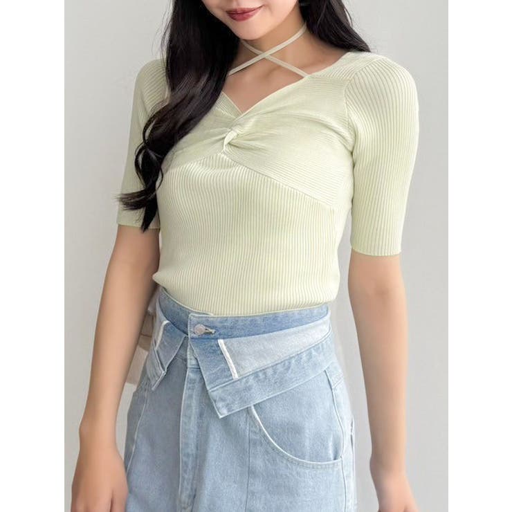 グリーン | フロントツイストリボン5分袖ニットトップス | dazzlin