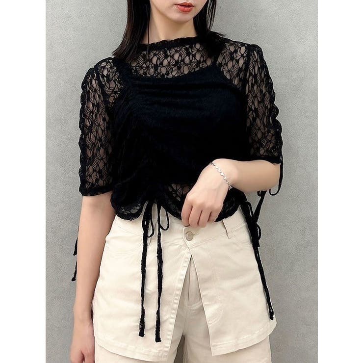 ブラック | ギャザーリボンレーストップス | dazzlin