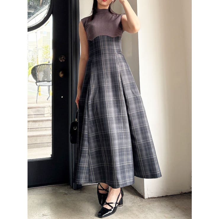 復刻】チェックノースリーブコルセットワンピース[品番：MKSW0064227