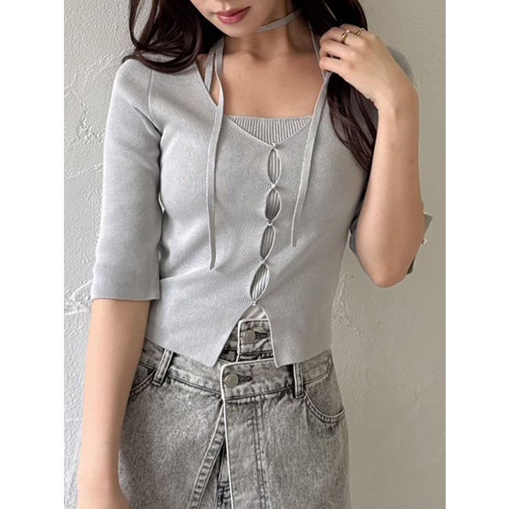 グレー | ハーフスリーブレイヤードカーデトップス | dazzlin