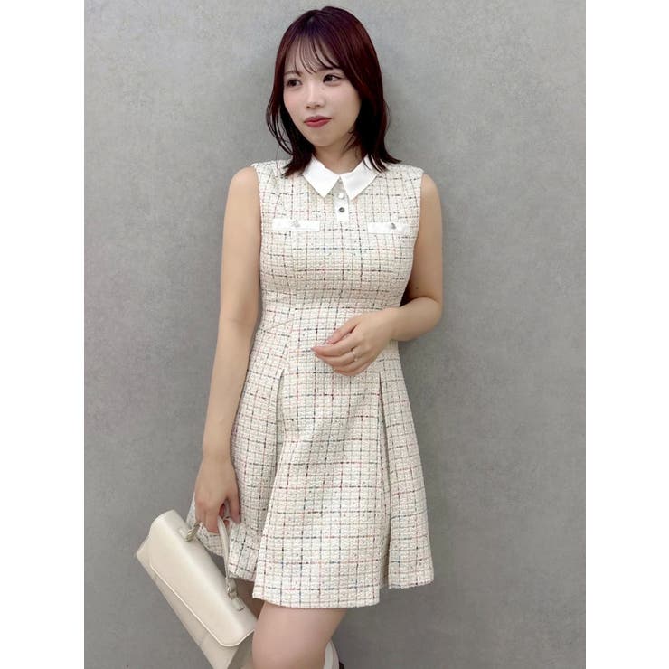 ★新品・未使用、タグ付★ ジャミニjamini リゾートワンピースフリーサイズ シャツカラーツイードミニワンピース[品番:MKSW0065532