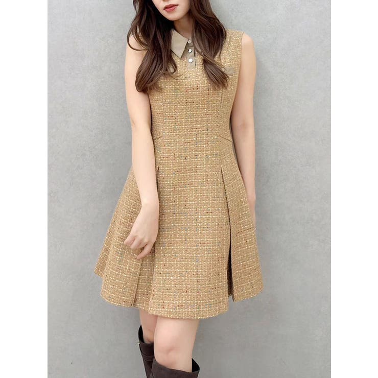 キャメル | シャツカラーツイードミニワンピース | dazzlin