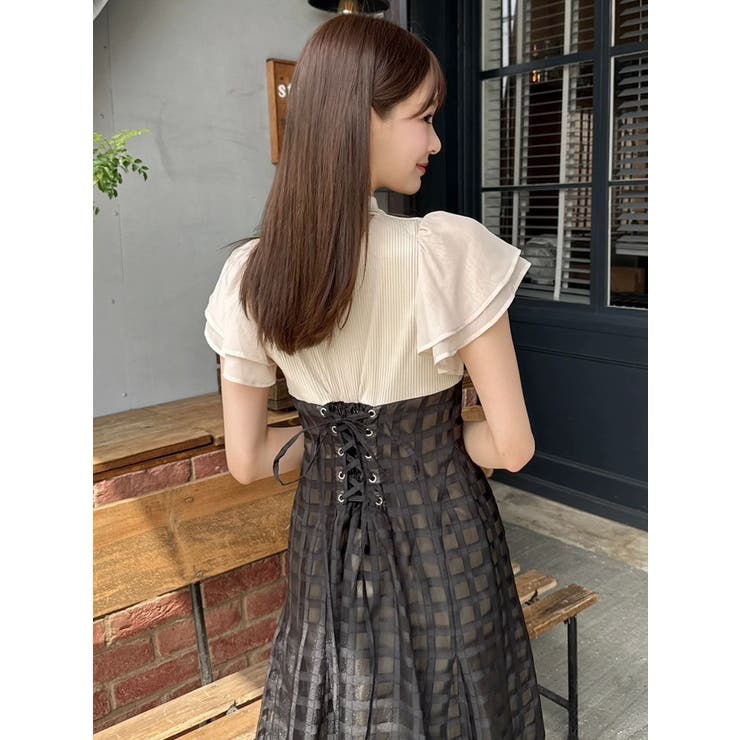 【EXCENTRIQUE】ドビーストライプコットン半袖コルセットワンピース 復刻/WEB限定】シアーチェックコルセットワンピース[品番