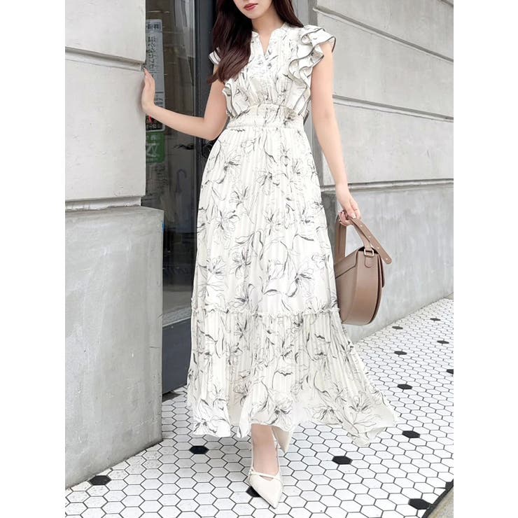 新色登場】パイピングフラワープリーツワンピース[品番