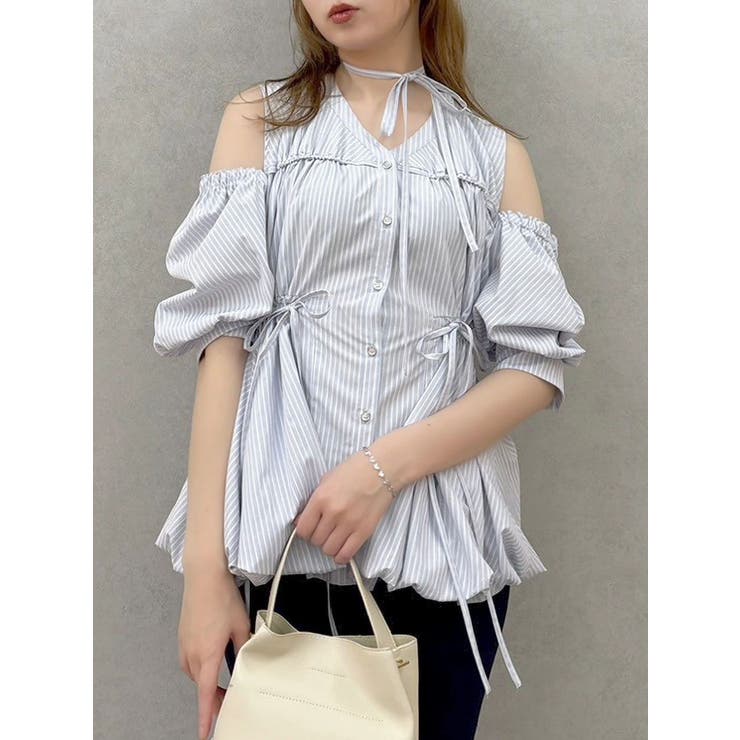 アイスブルー | ギャザーバルーンペプラムブラウス | dazzlin