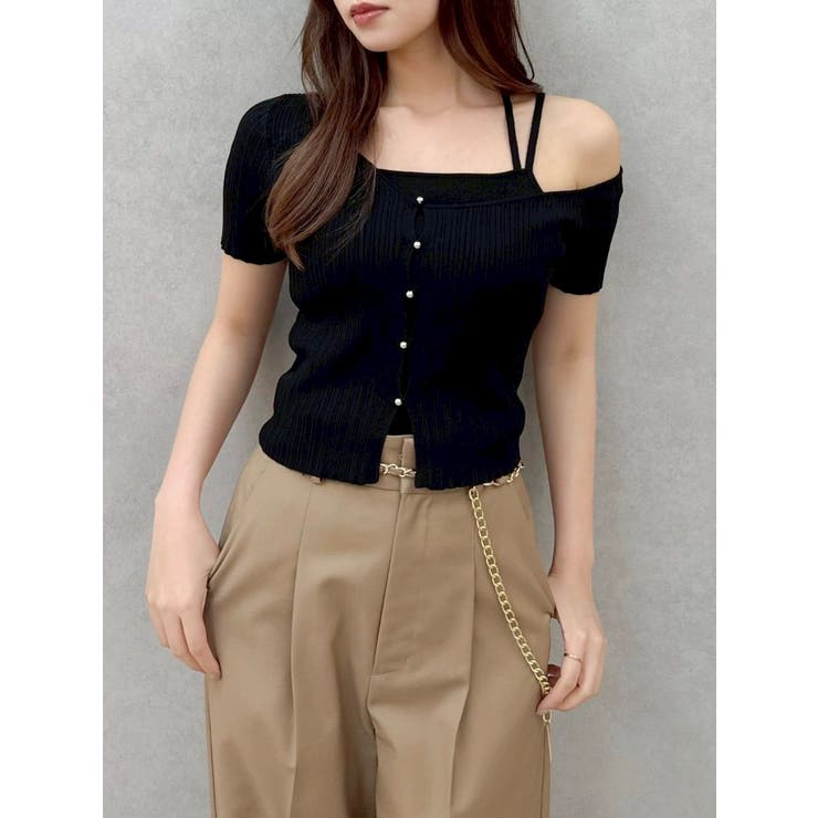 ブラック | ワンショルレイヤードリブニット | dazzlin