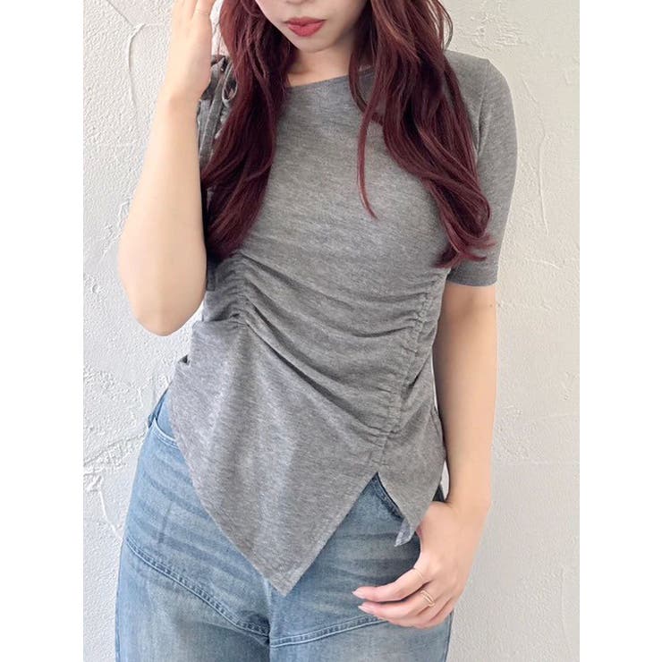 チャコールグレー | ワンショルギャザーカットトップス | dazzlin