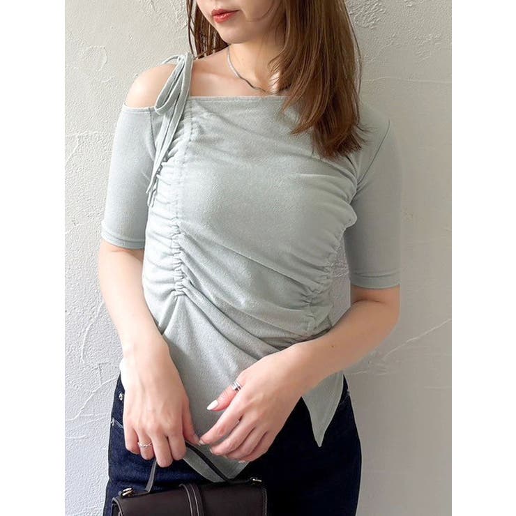 ブルー | ワンショルギャザーカットトップス | dazzlin