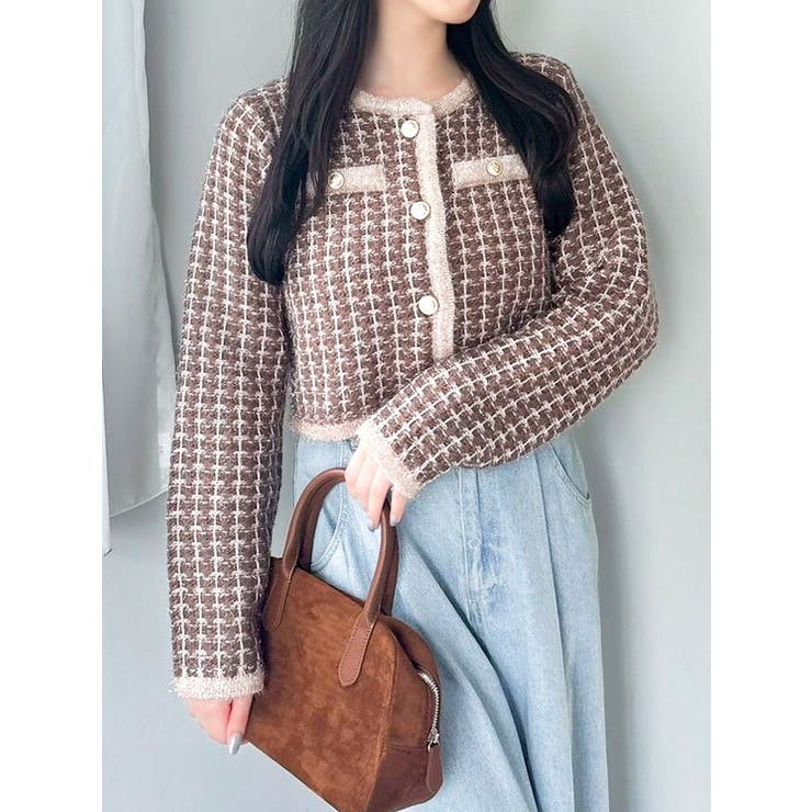 ブラウン | ツイードライクショートニットジャケット | dazzlin