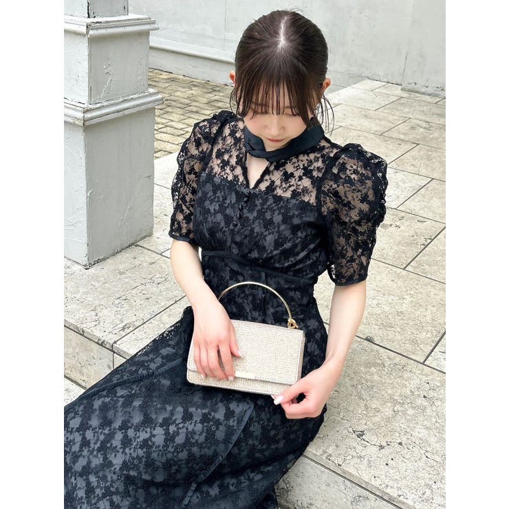 ブラック | ネックツイスト刺繍レースドレス | dazzlin