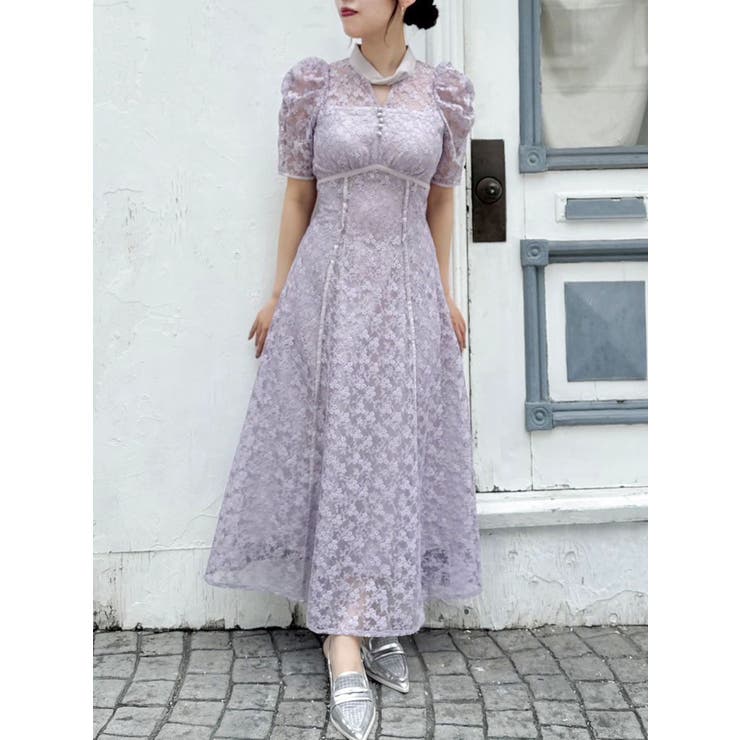 ラベンダー | ネックツイスト刺繍レースドレス | dazzlin
