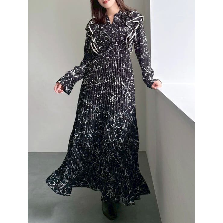 ブラック | 【WEB限定カラーあり】ダブルフリルフラワープリーツワンピース | dazzlin