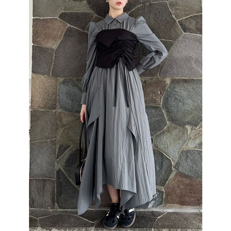 グレー | ギャザーシャツボリュームワンピース | dazzlin
