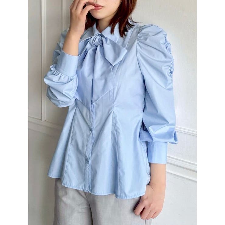 新品⭐MW TOKYO シルクタフタ ペプラム タック ブラウス 40 ネイビー 