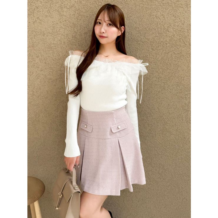 リボンチュールオフショルニットトップス[品番：MKSW0067378]｜dazzlin