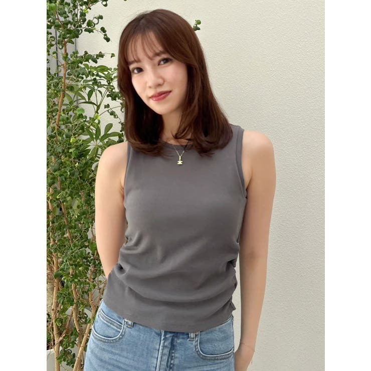 チャコールグレー | 【吉田朱里】涼感加工ギャザーノースリリブトップス | dazzlin