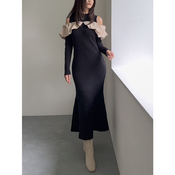 ブラック | ドッキングバルーンネックニットワンピース | dazzlin