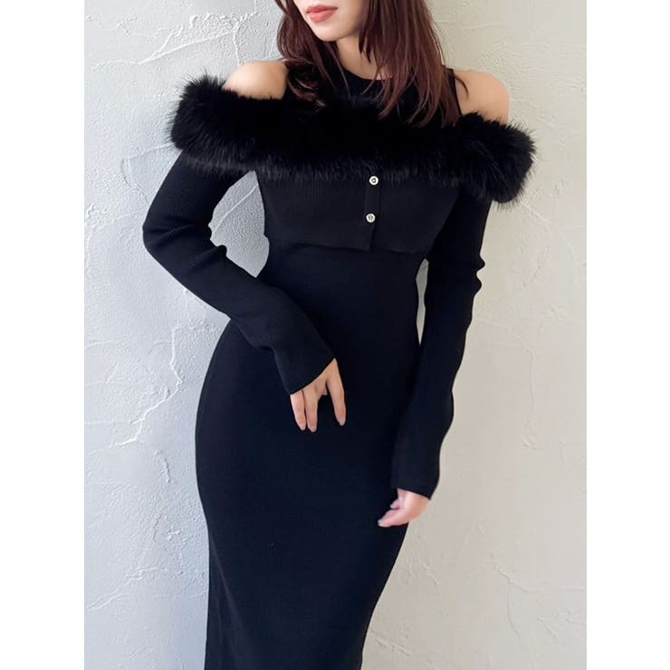 ブラック | オフショルファードッキングニットワンピース | dazzlin