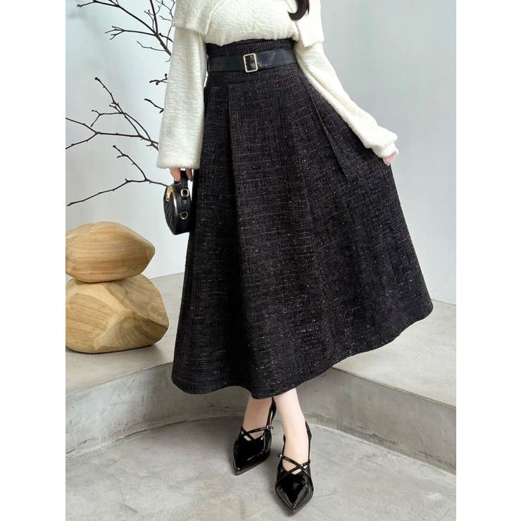 ブラック | 【WEB限定カラーあり】サイドタックベルトフレアスカート | dazzlin