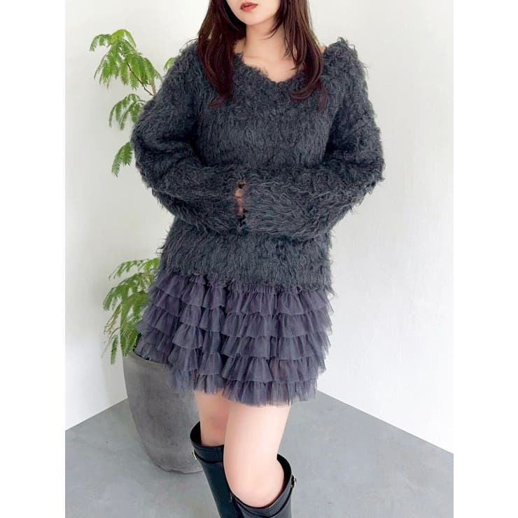 チャコールグレー | リップルカールⅤネックニット | dazzlin