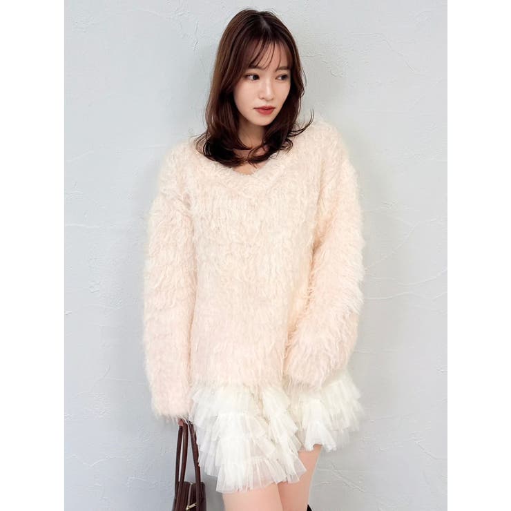 オレンジ | リップルカールⅤネックニット | dazzlin