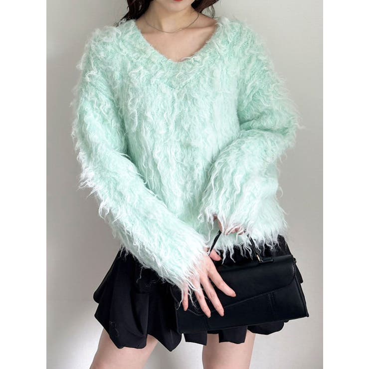 グリーン | リップルカールⅤネックニット | dazzlin