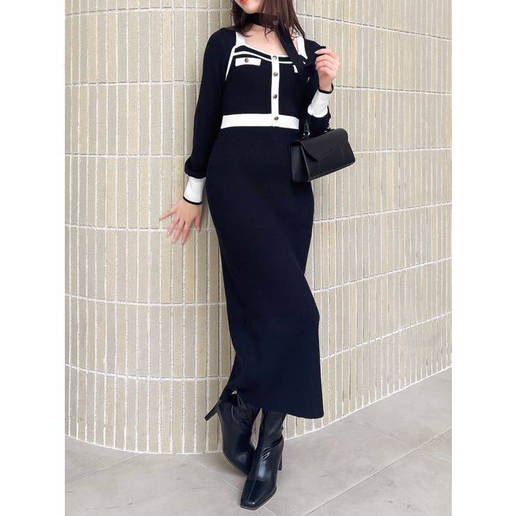ブラック | バイカラーニットワンピース | dazzlin